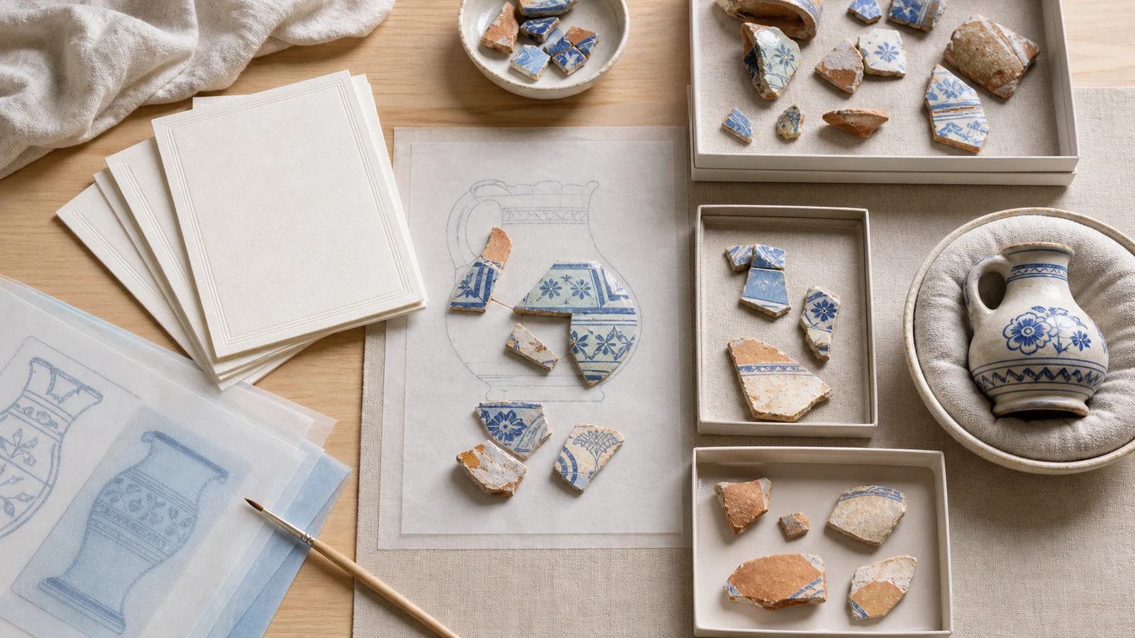 A bright conservation table where ceramic fragments are compared with a drawing and a completed reference vessel, then sorted into several trays
