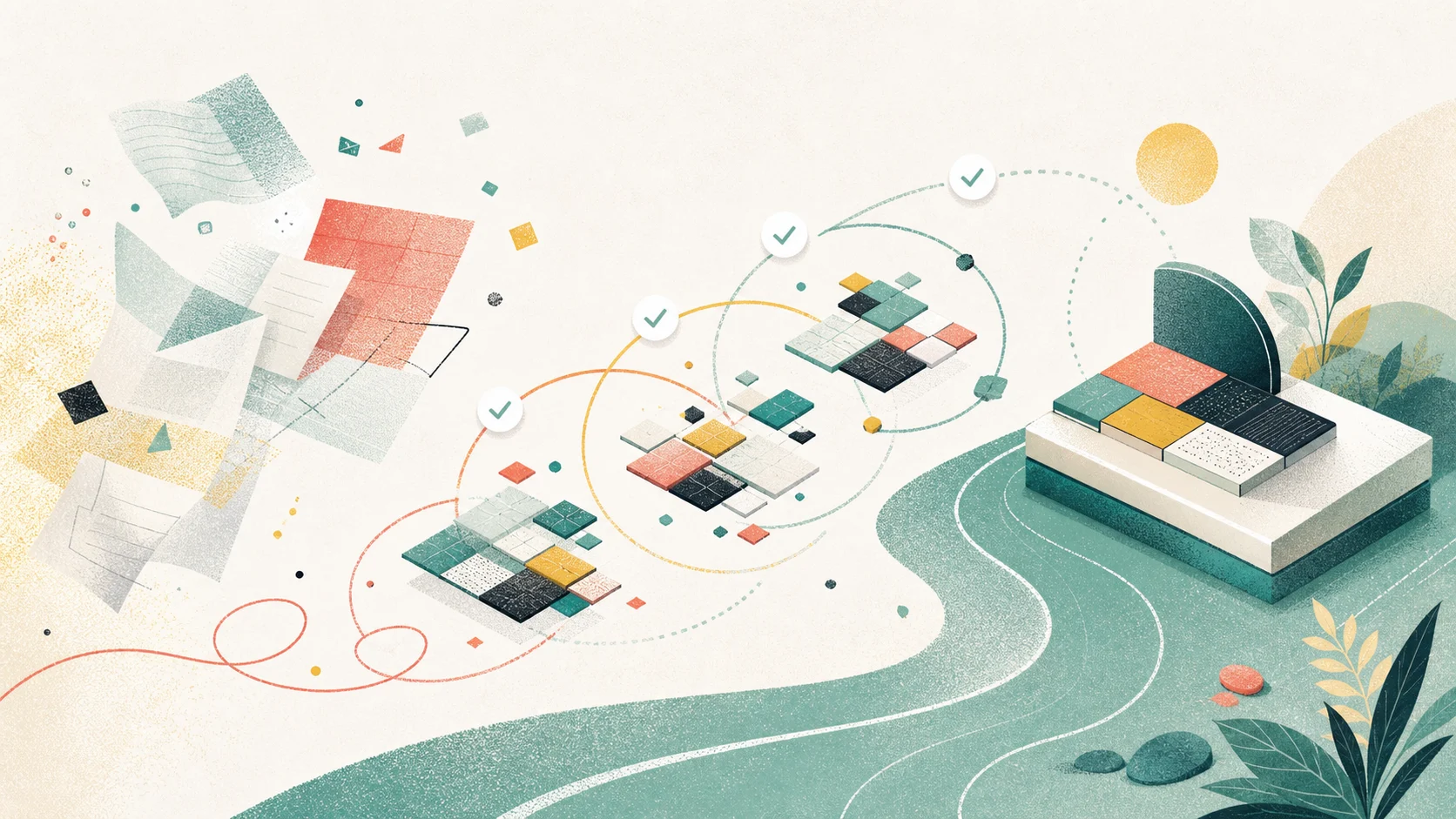 Illustration of scattered draft pieces passing through review marks and becoming organized software blocks