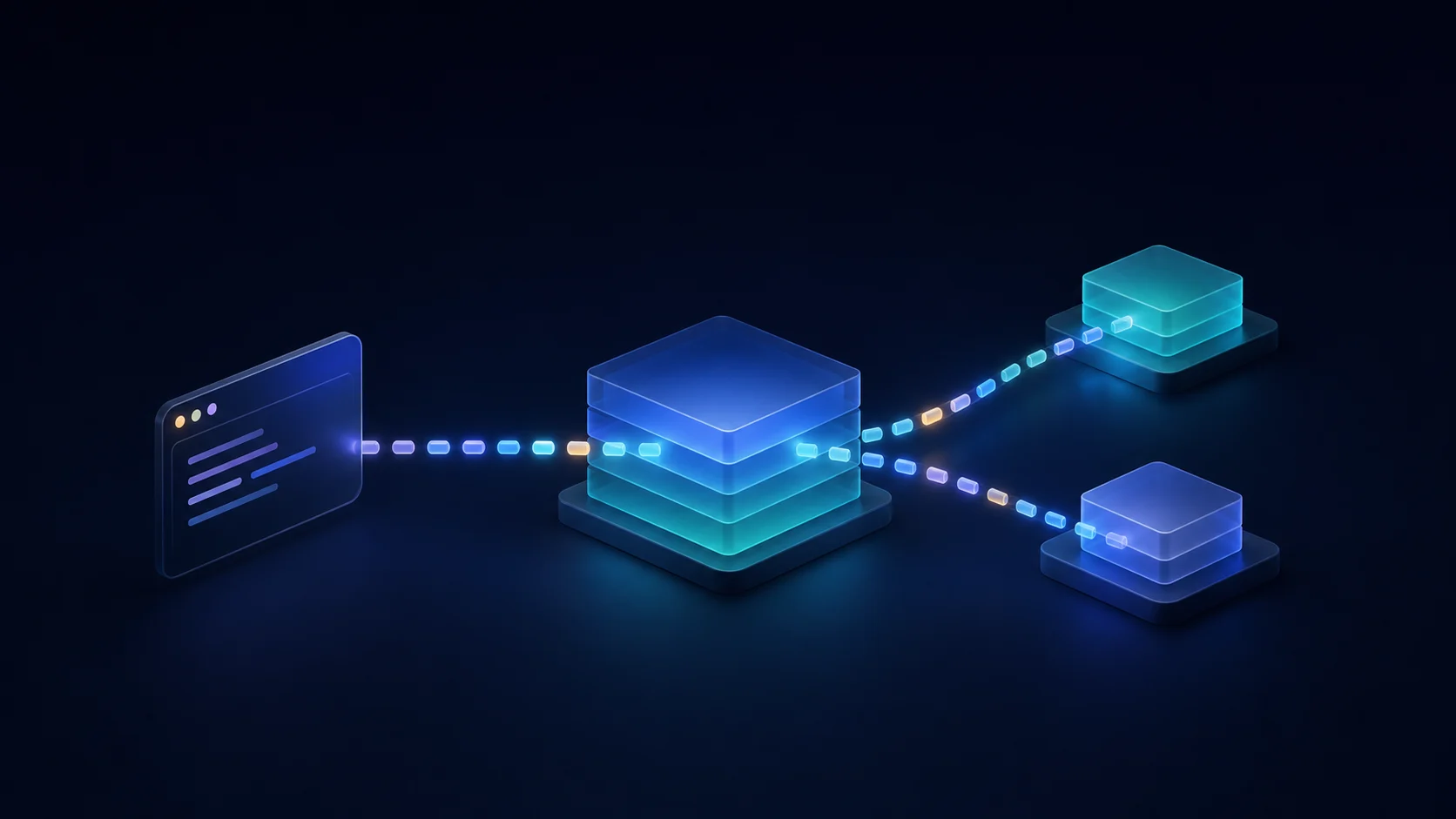 An editorial illustration where a SQL-console-shaped panel sends data tiles to translucent teal and blue modules with two supporting modules on a dark navy background