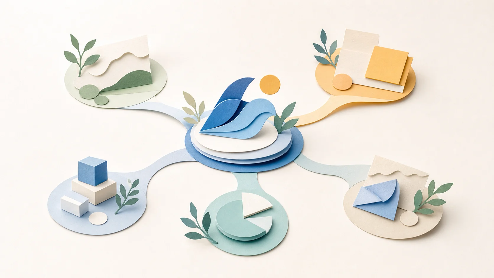 Paper-cut collage with several gentle paths extending from a stable center