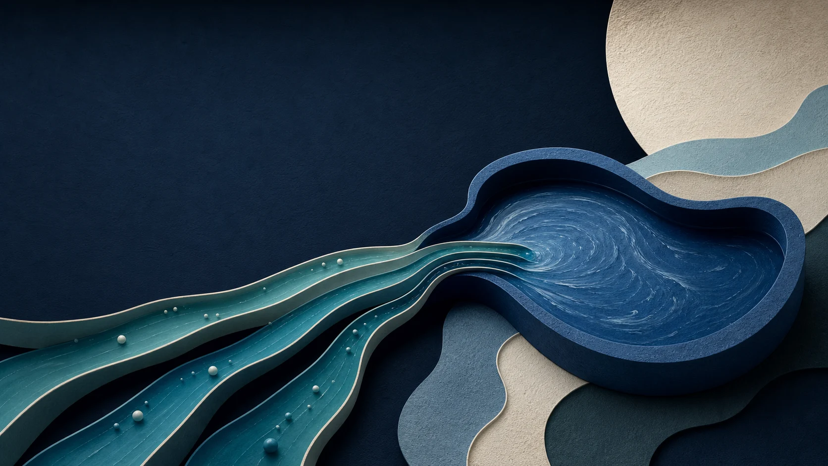 Editorial illustration of several teal currents flowing into one broad deep-navy body of water