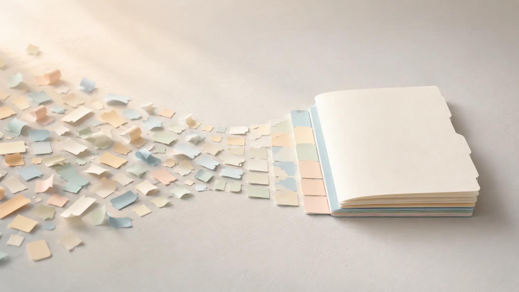 Bright illustration of scattered paper pieces being organized into a clean document folder