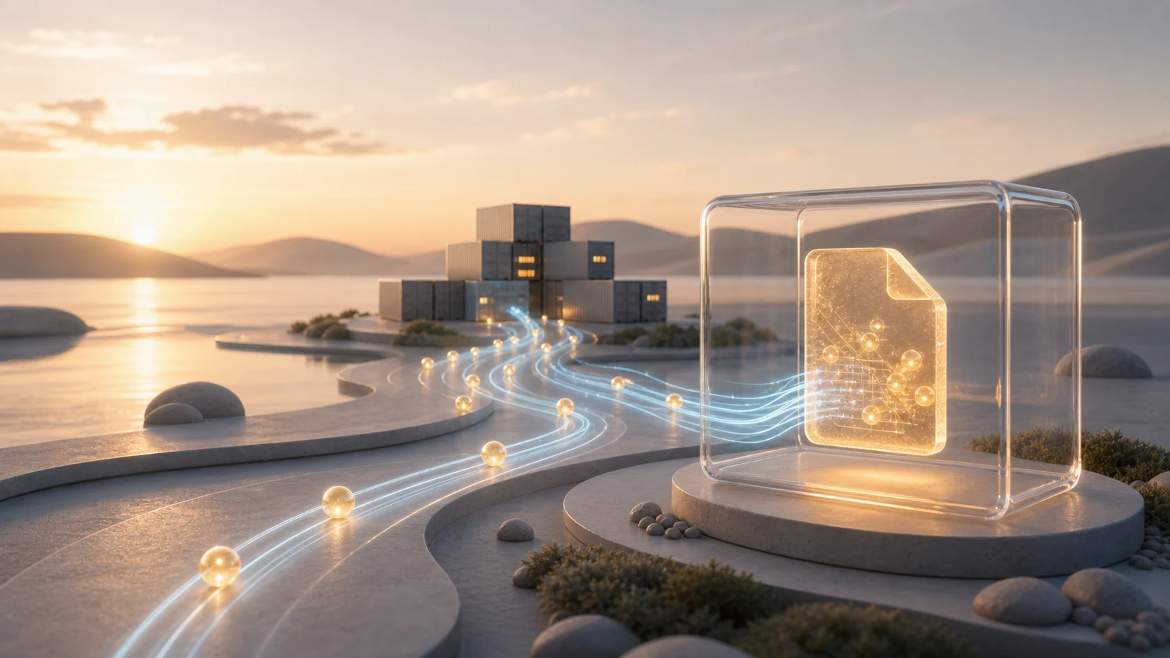 Illustration of a glowing encrypted configuration file inside a transparent glass cube with safe data streams flowing toward container blocks