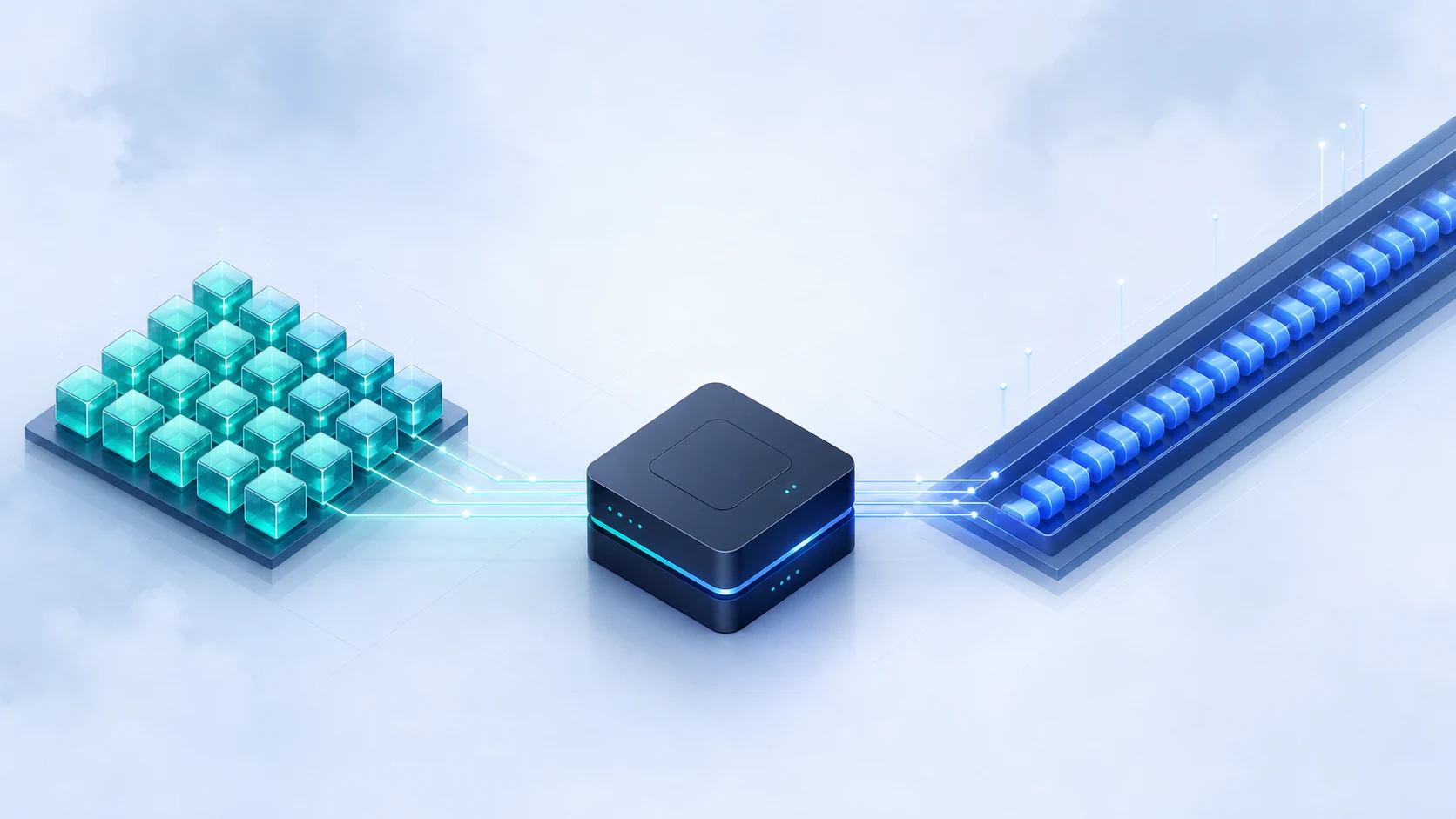 Isometric illustration where a central Go client connects a teal grid of current state with a blue rail of events
