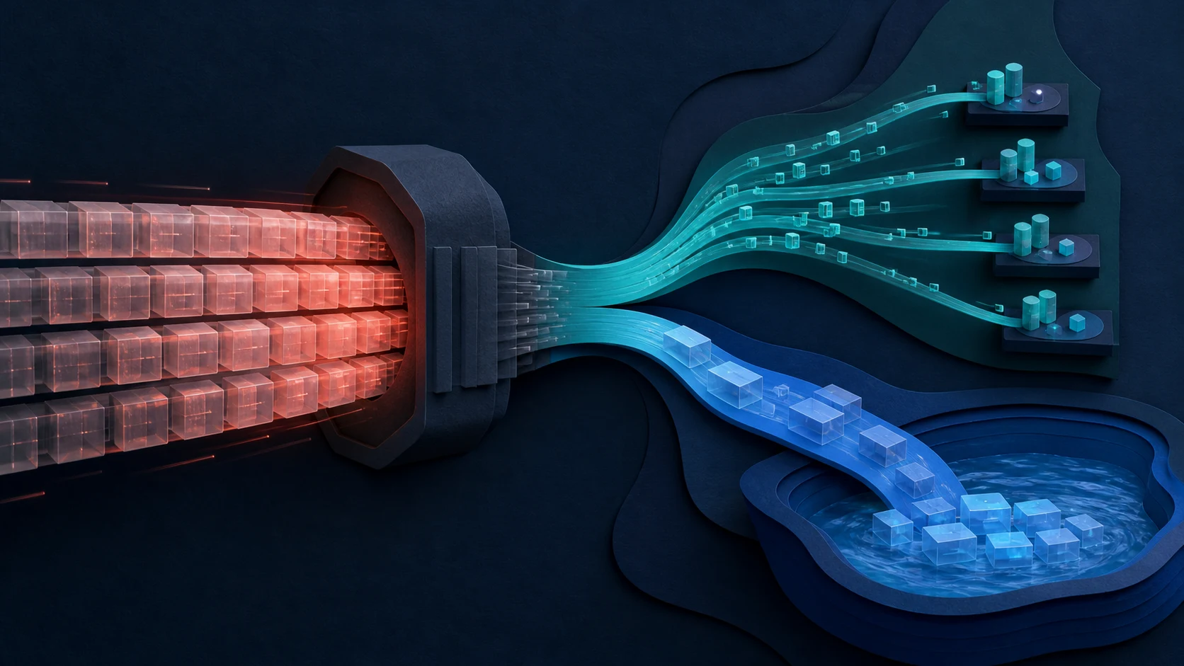 An overloaded stream of full-row data passes through a central junction and splits into selective real-time service paths and a direct object-storage path