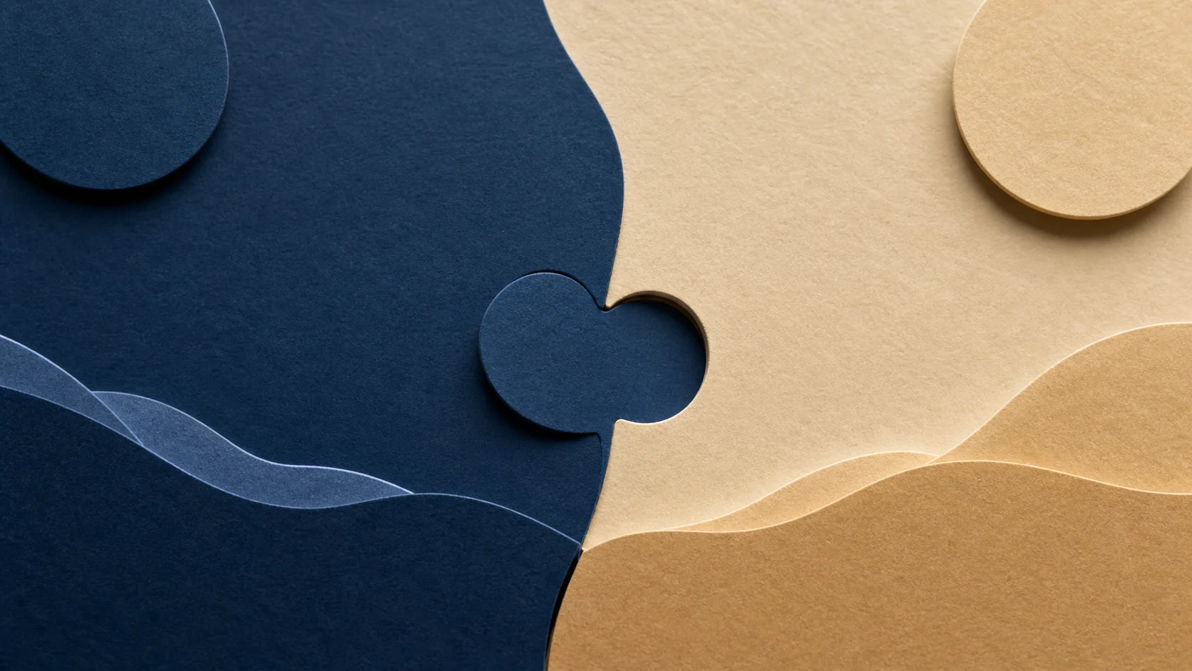 Editorial illustration of deep navy and warm cream paper forms meeting in a smooth central connection