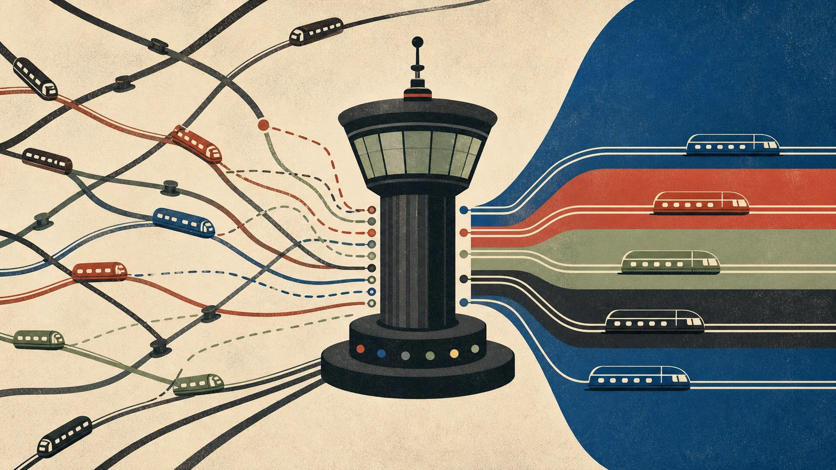 Retro poster-style illustration of tangled routes being organized by a central control tower into balanced lanes
