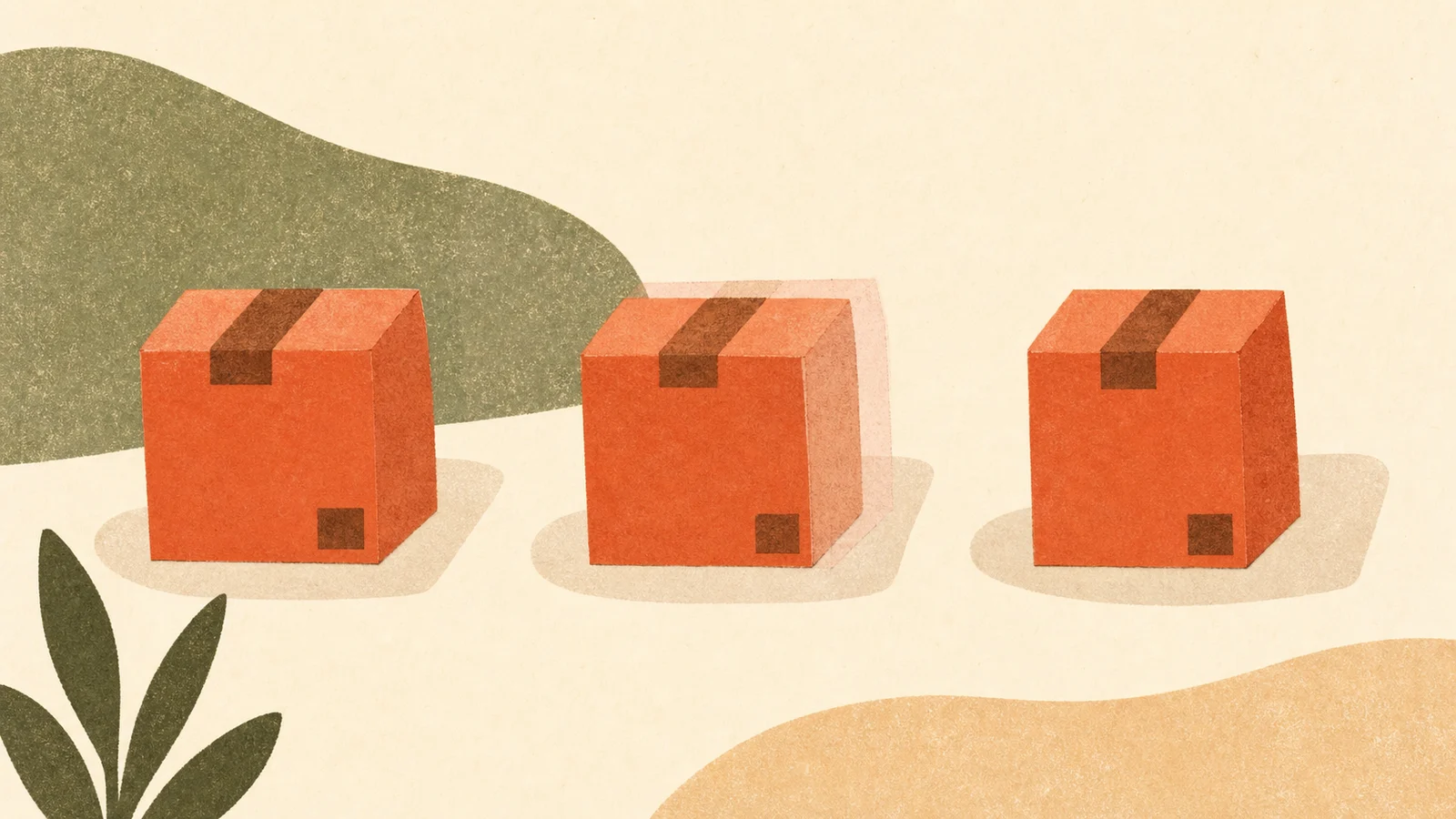 A risograph illustration of three matching orange parcels on a paper-textured background, with a translucent echo overlapping the middle parcel