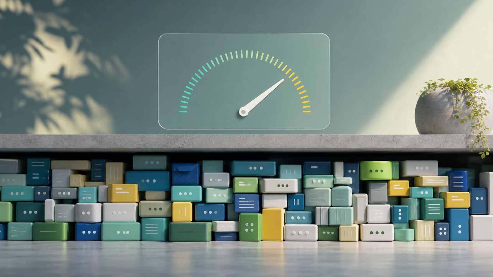 Illustration of a tidy metric gauge above physical storage space almost filled with data blocks