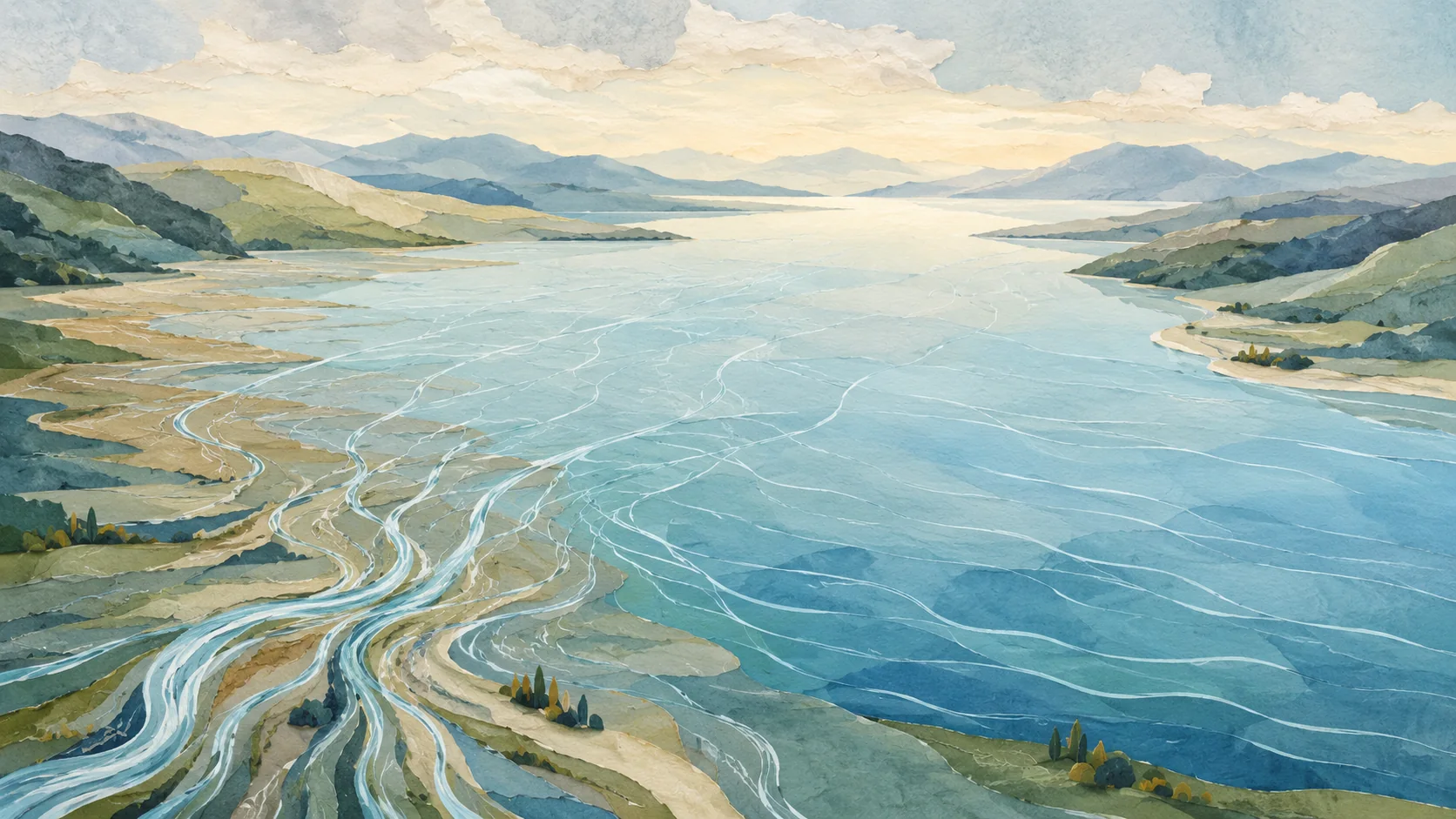 Calm watercolor-like landscape of many streams flowing into a broad lake
