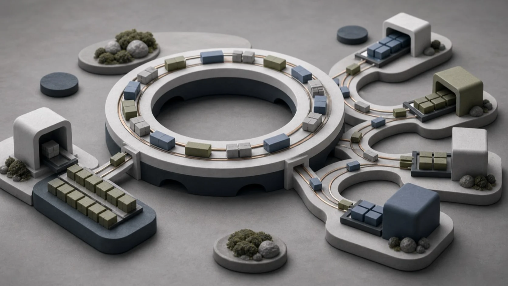 Miniature operations model where event blocks move around a central replayable log track and branch into multiple consumer paths