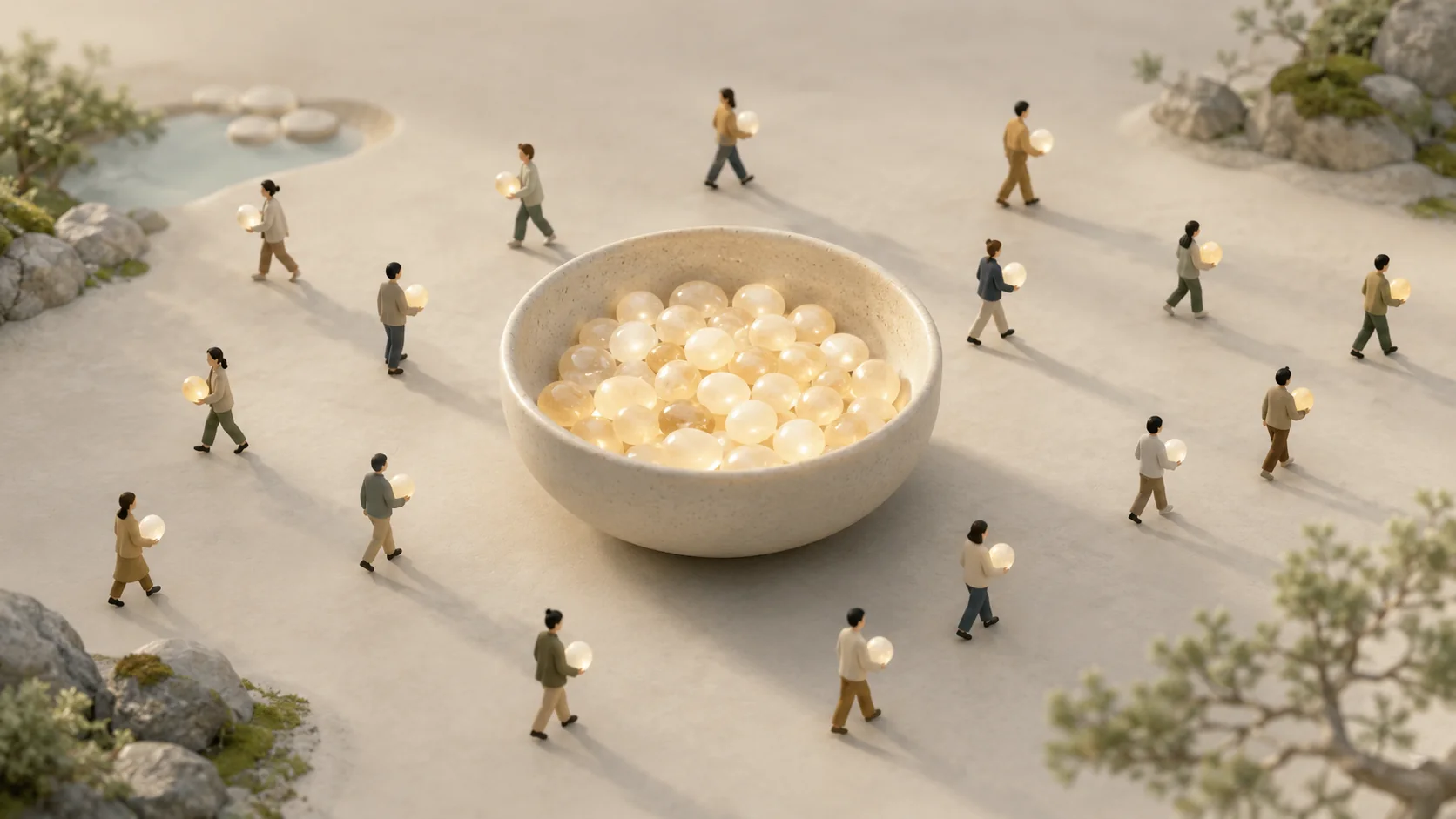 Calm miniature illustration of people carrying small glowing spheres from a shared bowl