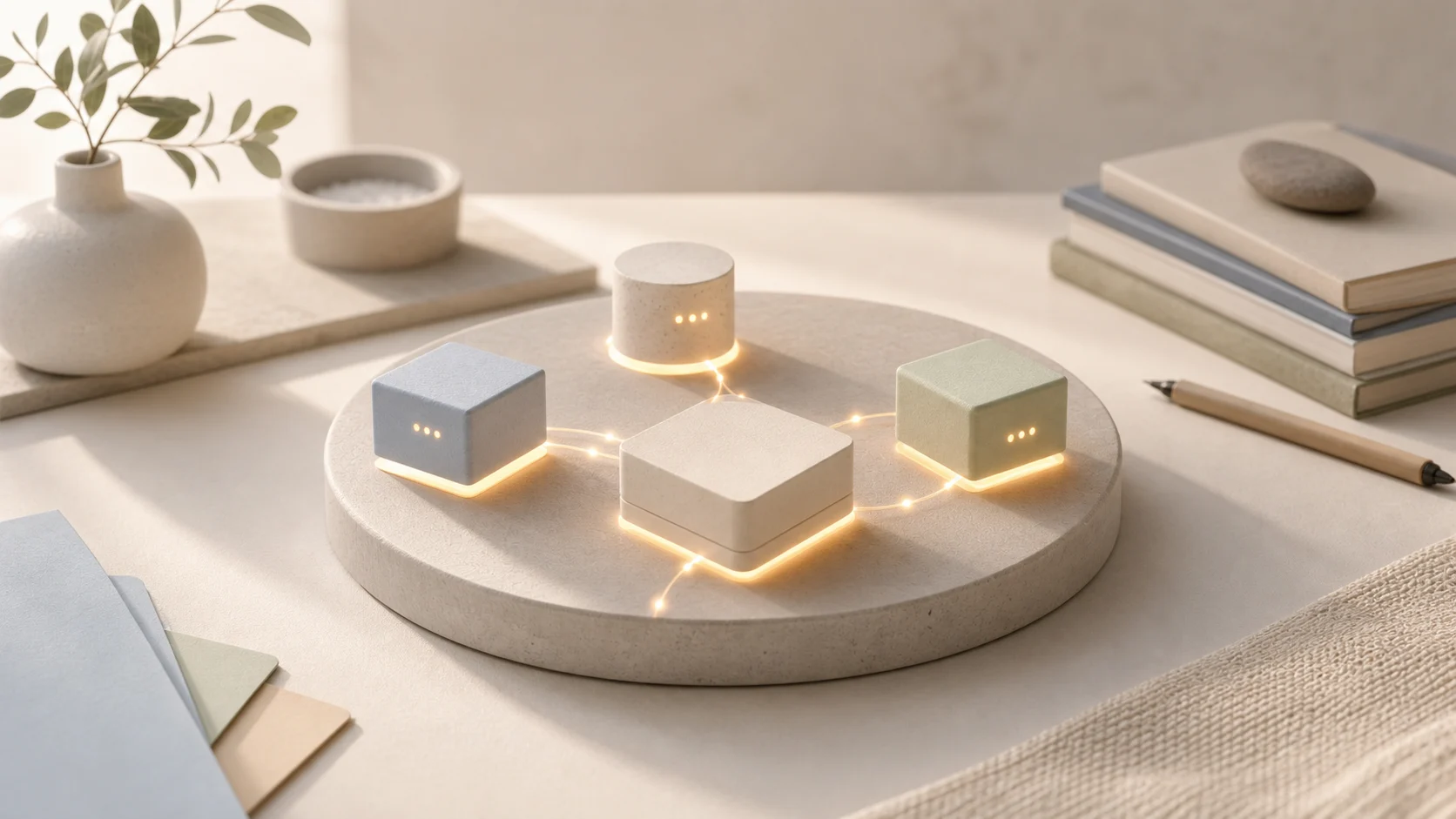 Small service modules connected by a soft glow as one local system comes online