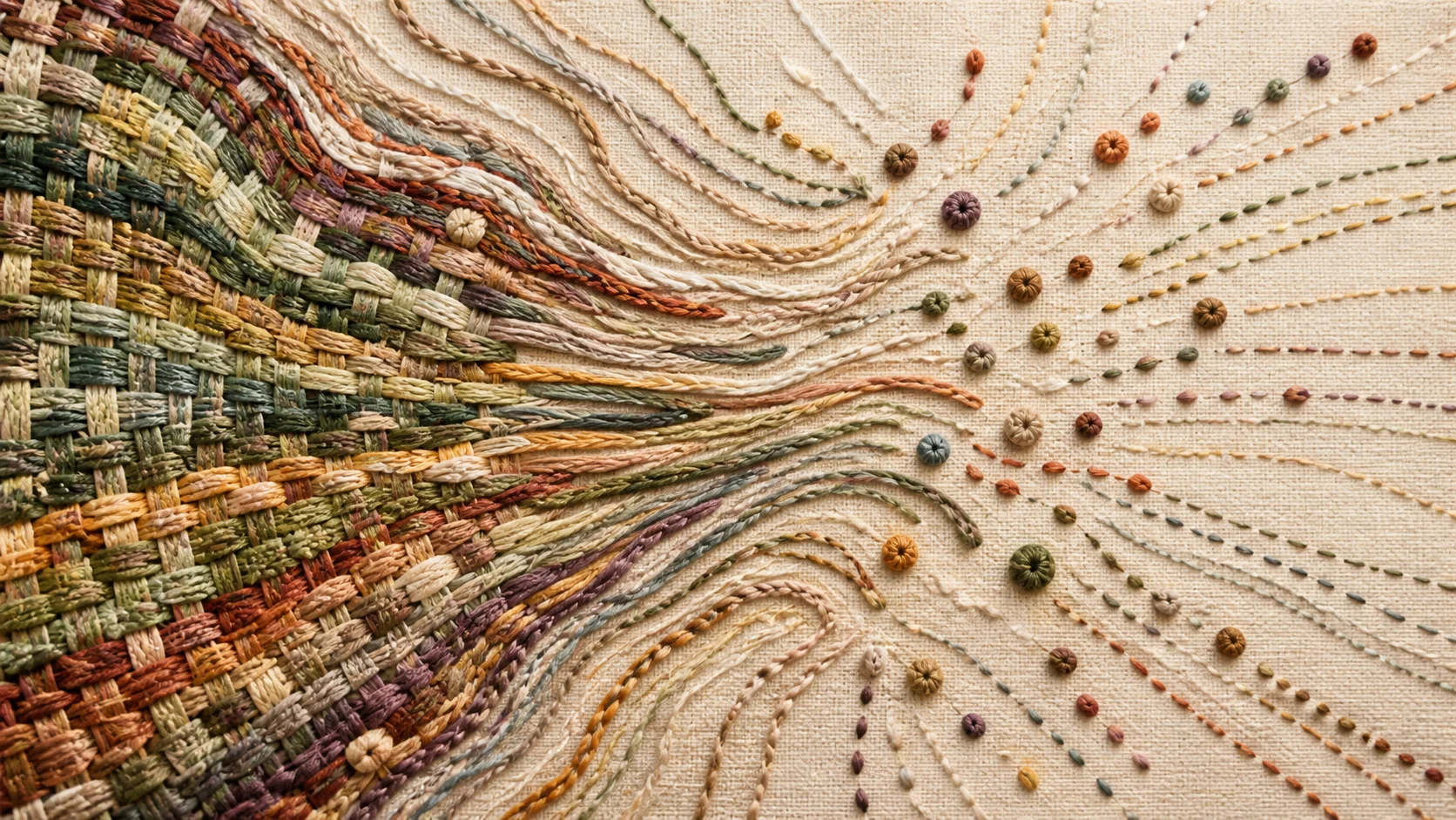 Textile artwork where dense weaving meets embroidery lines opening outward