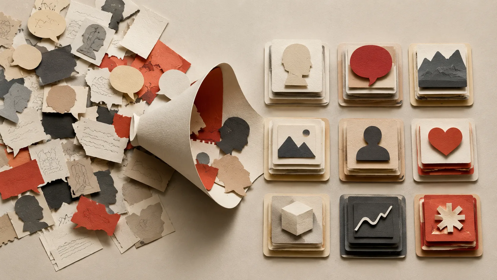 Paper illustration of scattered conversations and documents being organized into reusable card groups