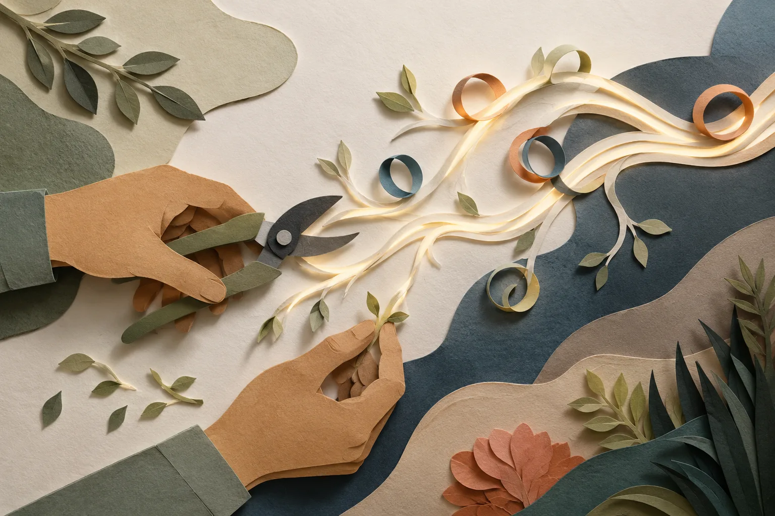Paper illustration of hands pruning and organizing a glowing event stream