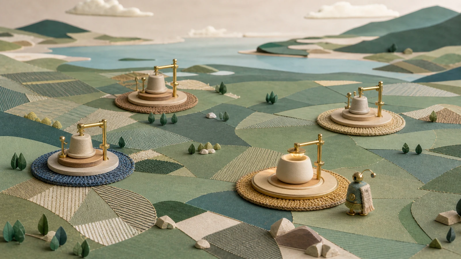 A handcrafted landscape with four equal regional workstations, where only one glows warmly beside a small caretaker