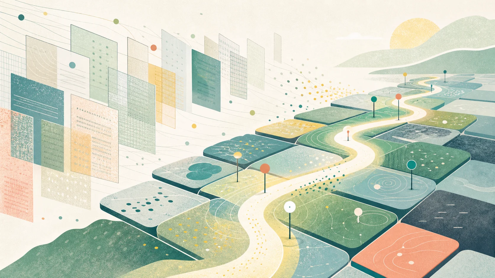 Illustration of scattered knowledge pieces becoming a stable path through operational feedback