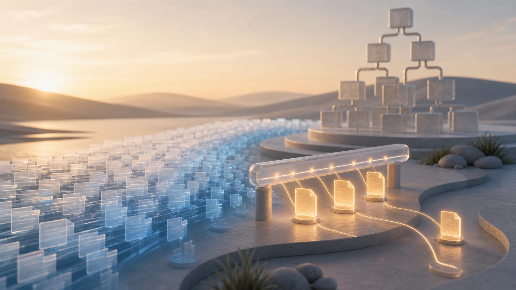 Illustration of many translucent log documents flowing as a stream while a few selected events glow warmly